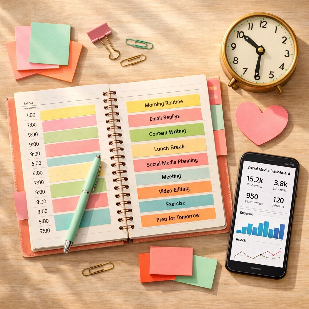 Social media content calendar and scheduling planner with phone showing organized posting strategy