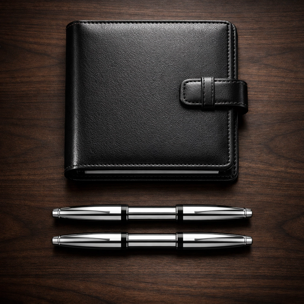 Leather planner and pens on a desk for IRS 1099-DA compliance and tax validation.