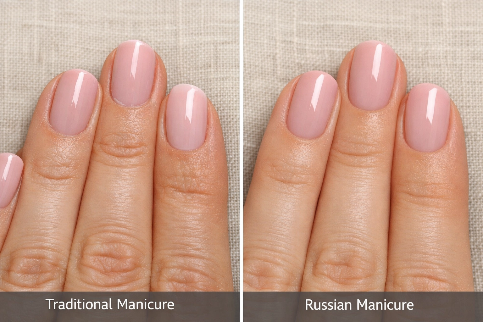 Side by side comparison of traditional manicure versus Russian manicure showing ultra-clean finish