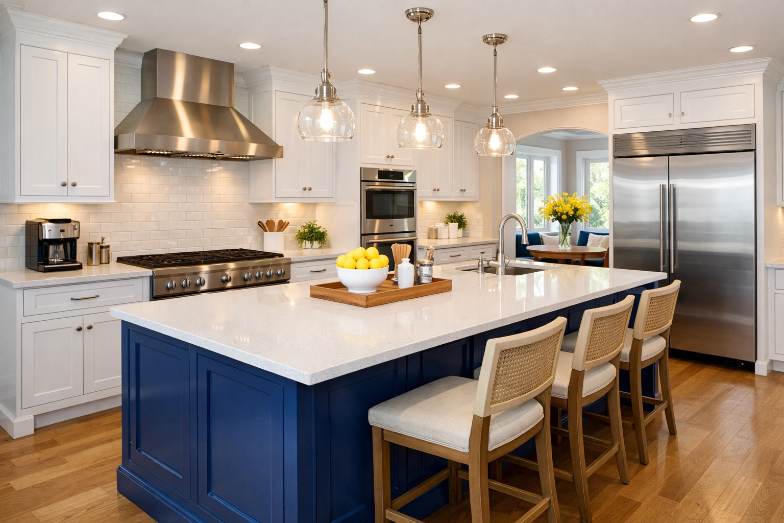 Pristine luxury Massachusetts kitchen with gleaming white cabinets and a quartz island after professional deep cleaning.