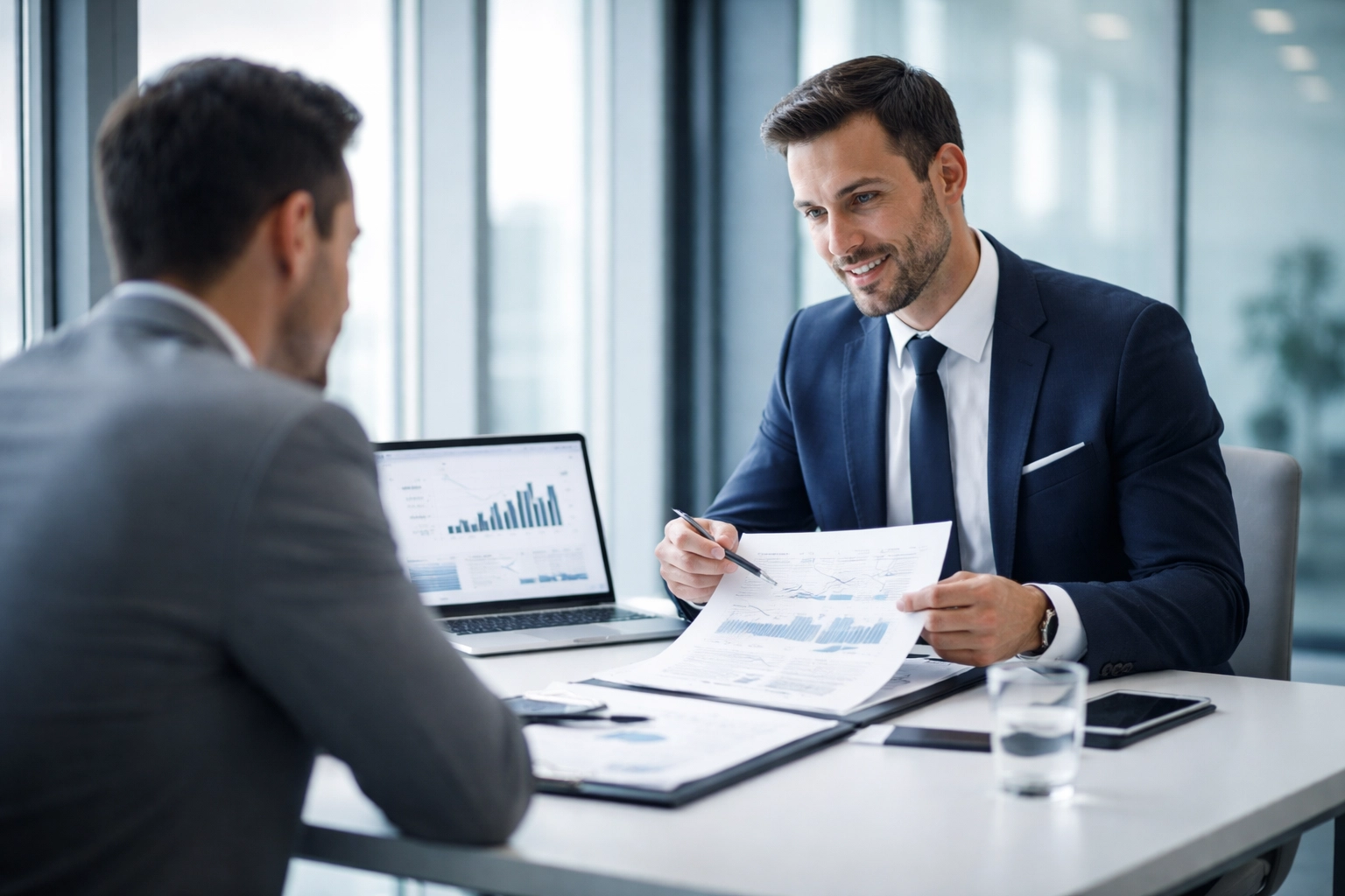 Business professionals meeting in a modern office to review high risk merchant account solutions for debt collection payment processing