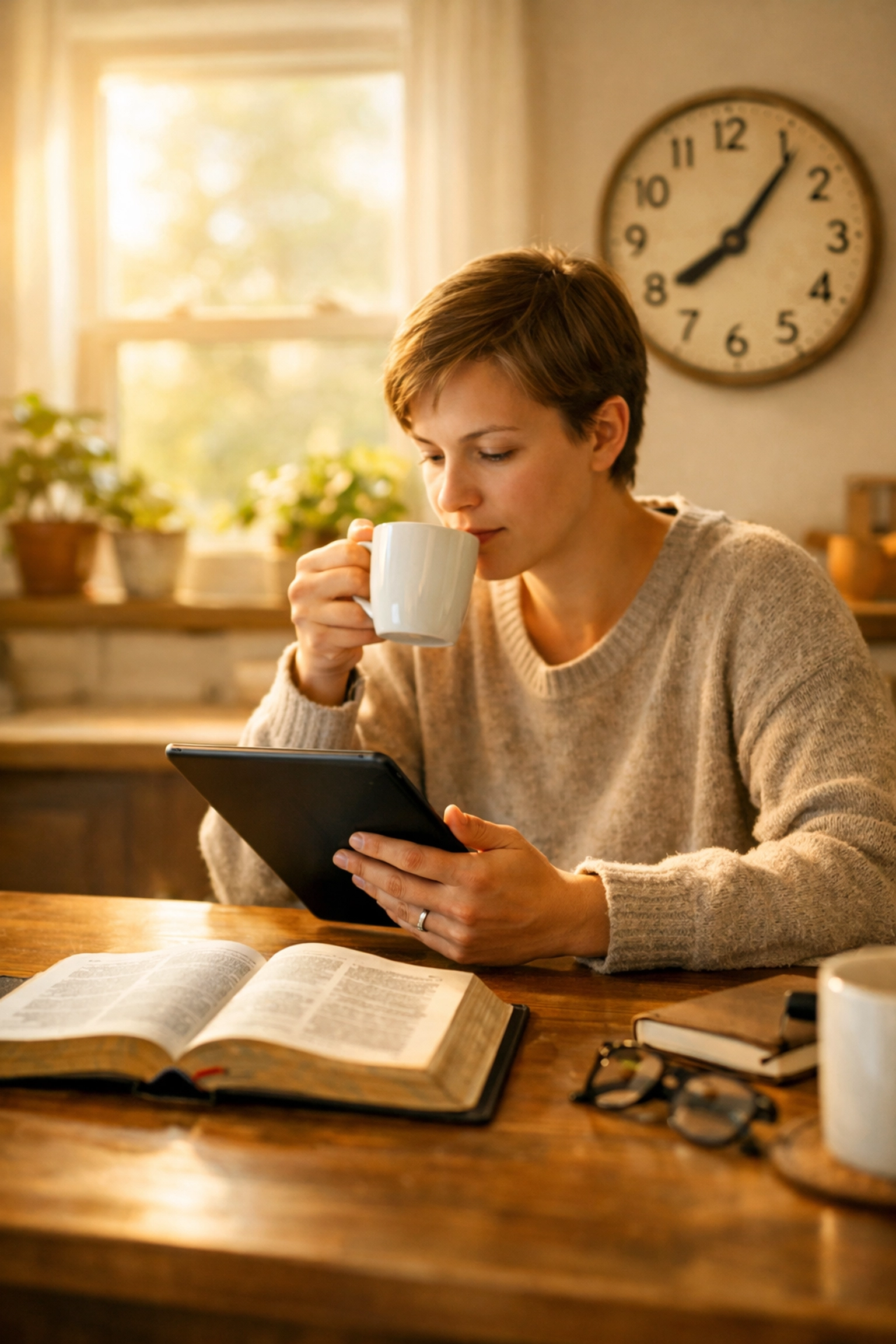 Peaceful morning routine with Bible and tablet showing 8 AM news brief at 8:05 AM