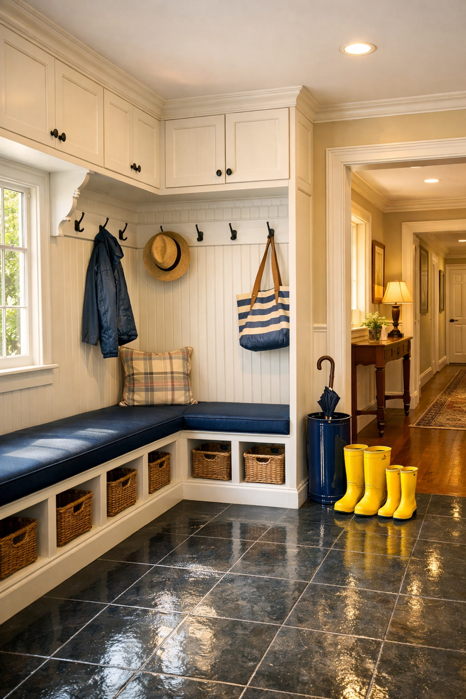 Neat Leominster mudroom with a freshly mopped slate floor and organized white storage cabinets.