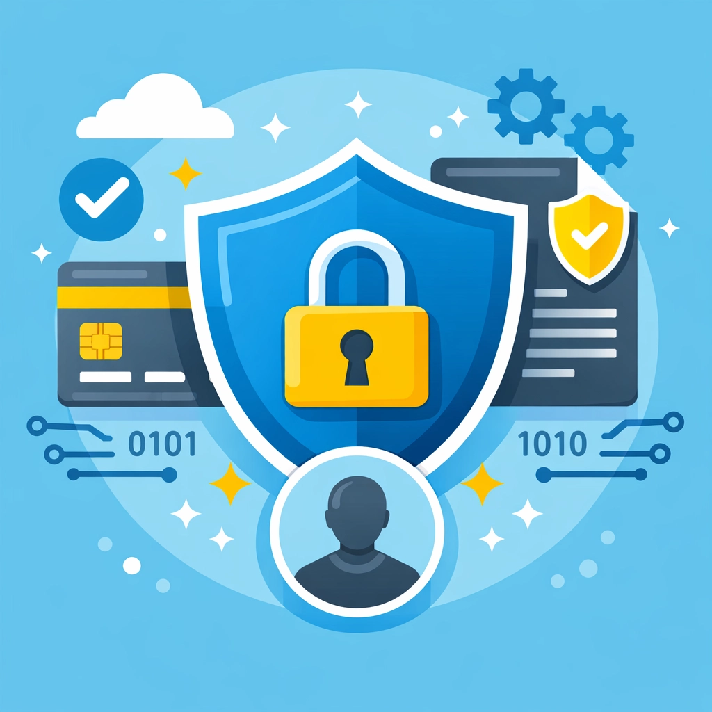 Graphic showing digital security shields protecting bank details and identity information during tax prep.