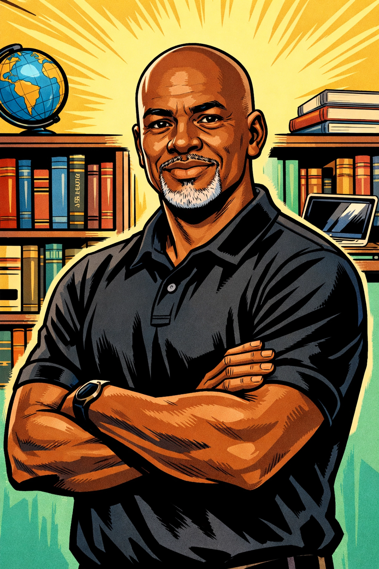 Professor Antonio, a bald Black man in a polo, stands before a bookshelf promoting CRC literacy and leadership.