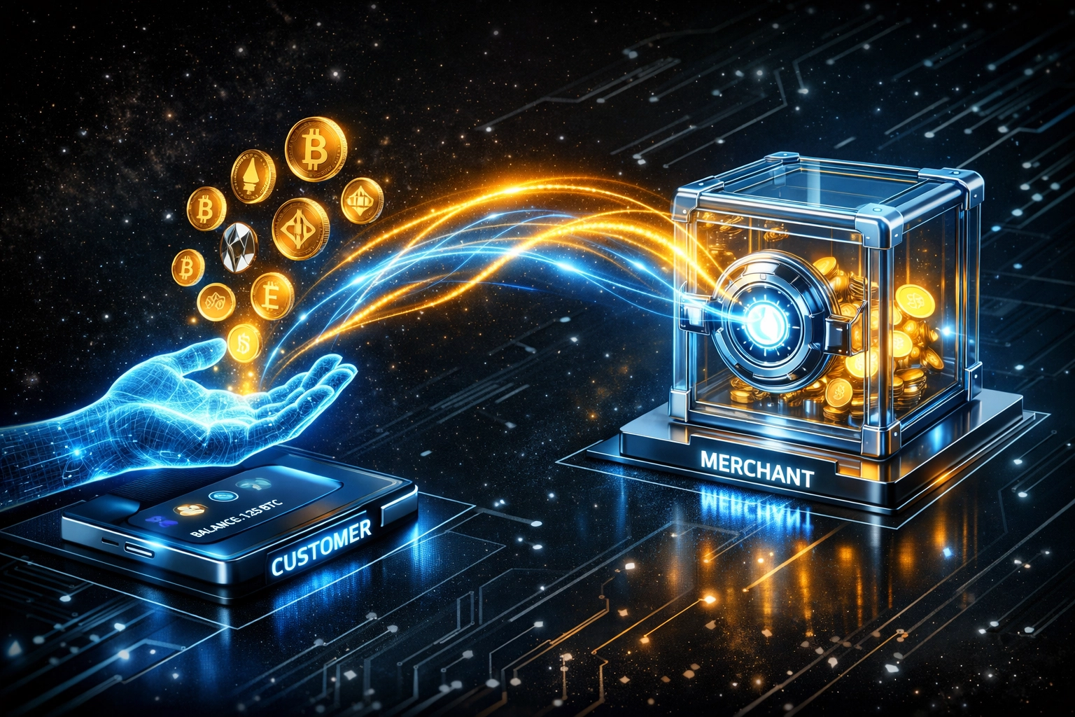 Self-custody crypto payment flowing directly from customer wallet to merchant wallet without intermediaries