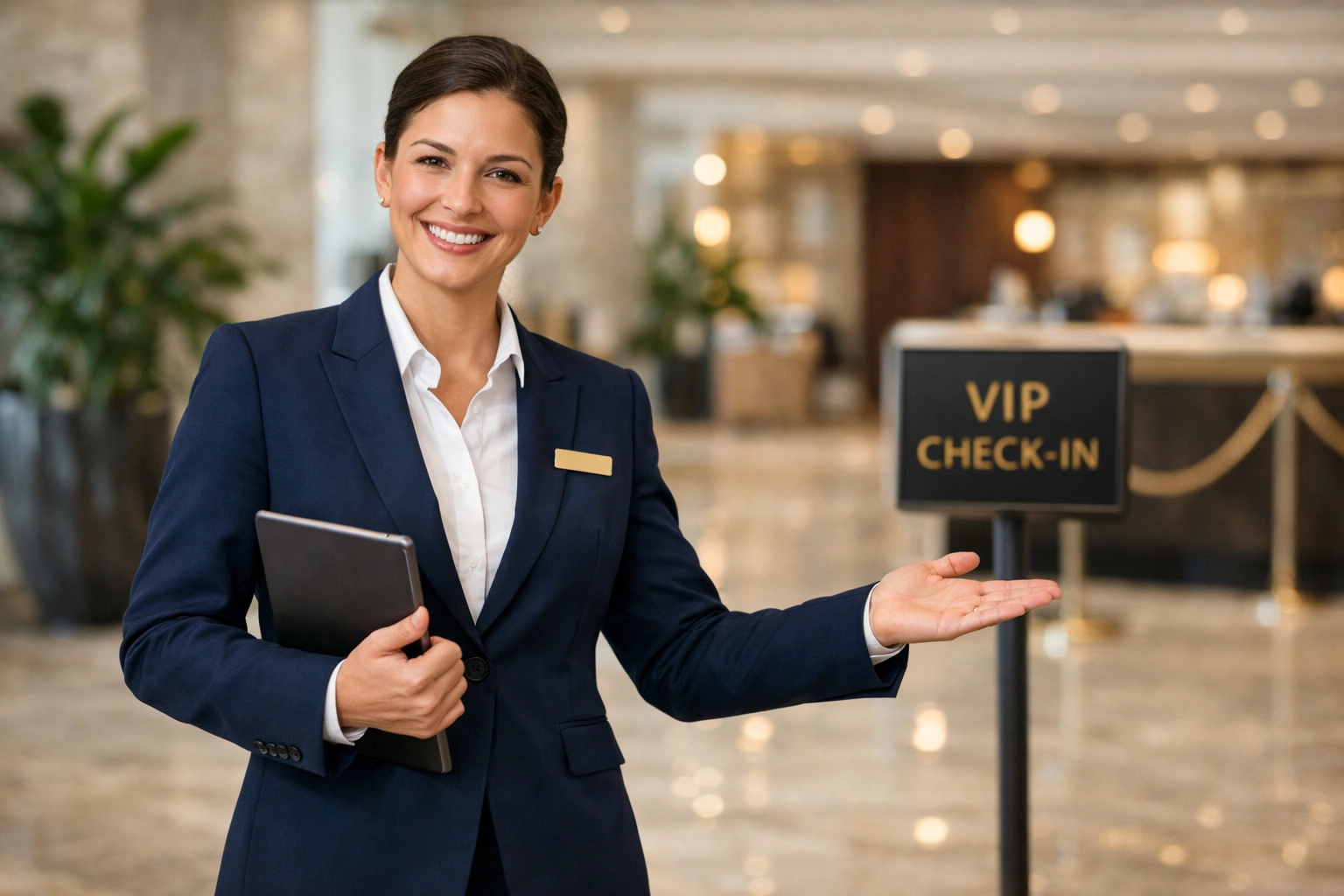 Professional brand ambassador greeting VIP guests in a luxury hotel lobby for corporate sports travel.