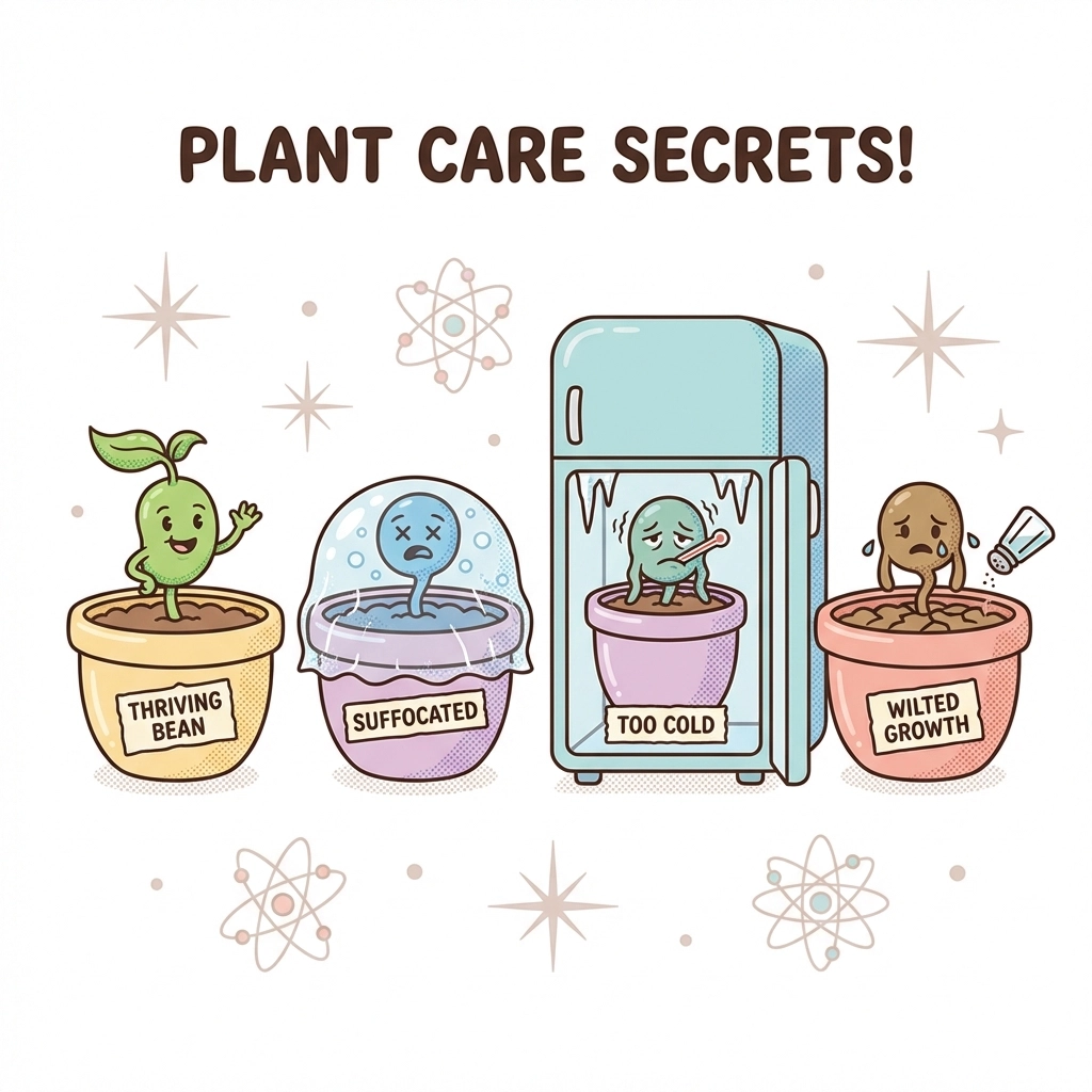 Four cartoon pots showing seed starting variables for kids: normal, no air, cold, salty soil conditions