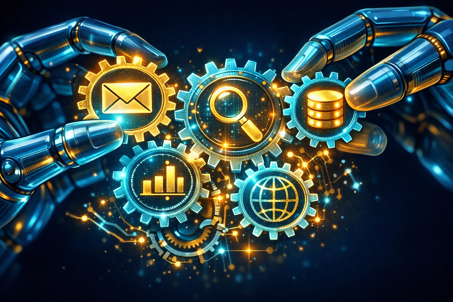 Robotic hands assembling digital gears representing automated AI workflow tools and database connections.