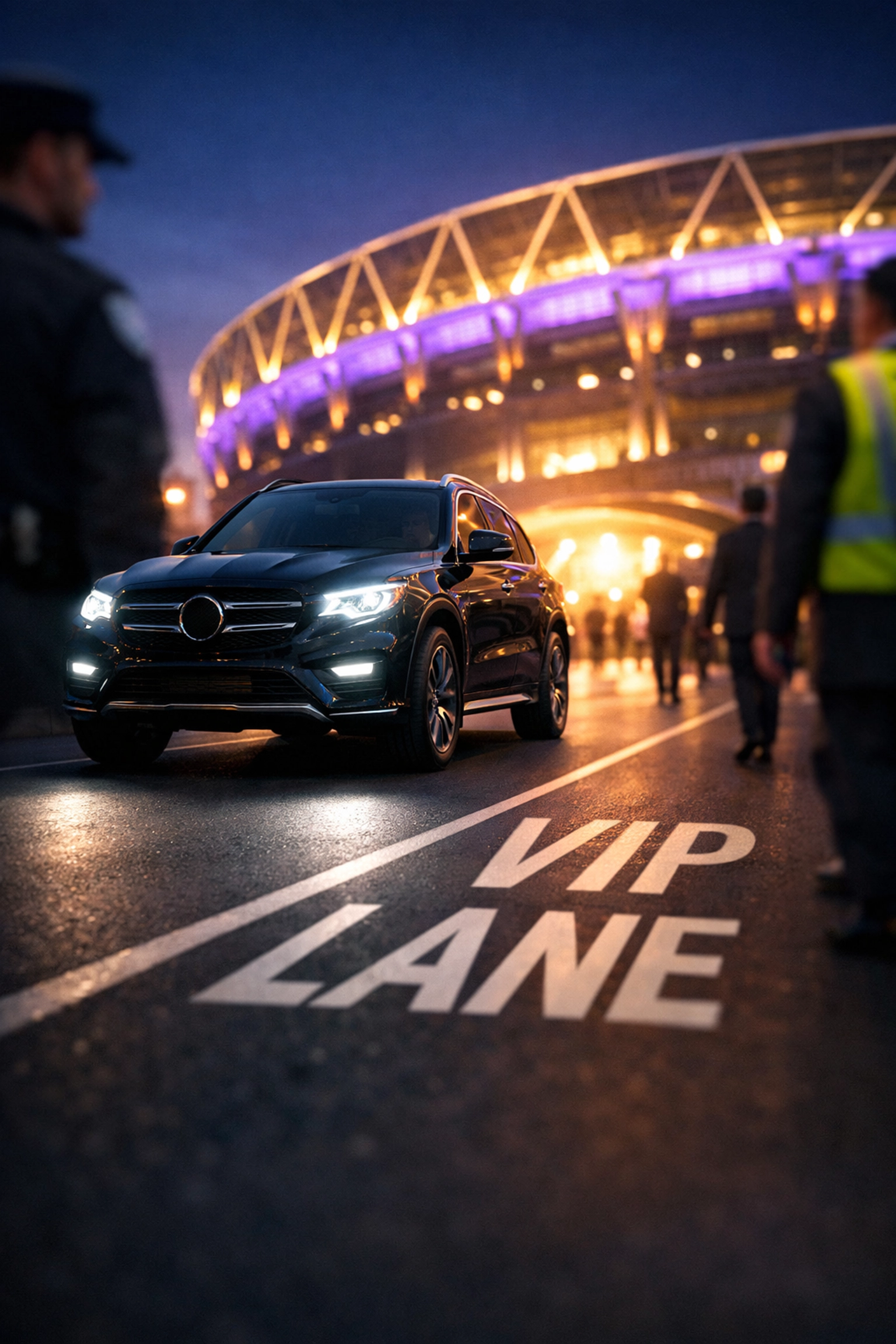 Looking for Super Bowl Logistics Tips? Here Are 10 Things You Should Know for a Smooth Executive Arrival Luxury SUV navigating the VIP security gate at Levi