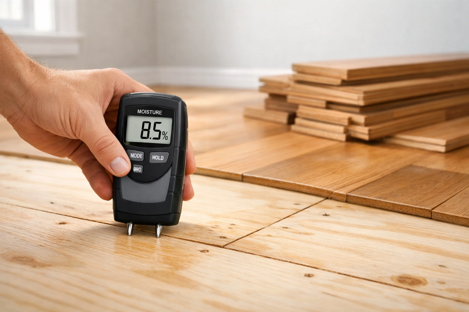 Moisture meter testing subfloor before hardwood floor installation