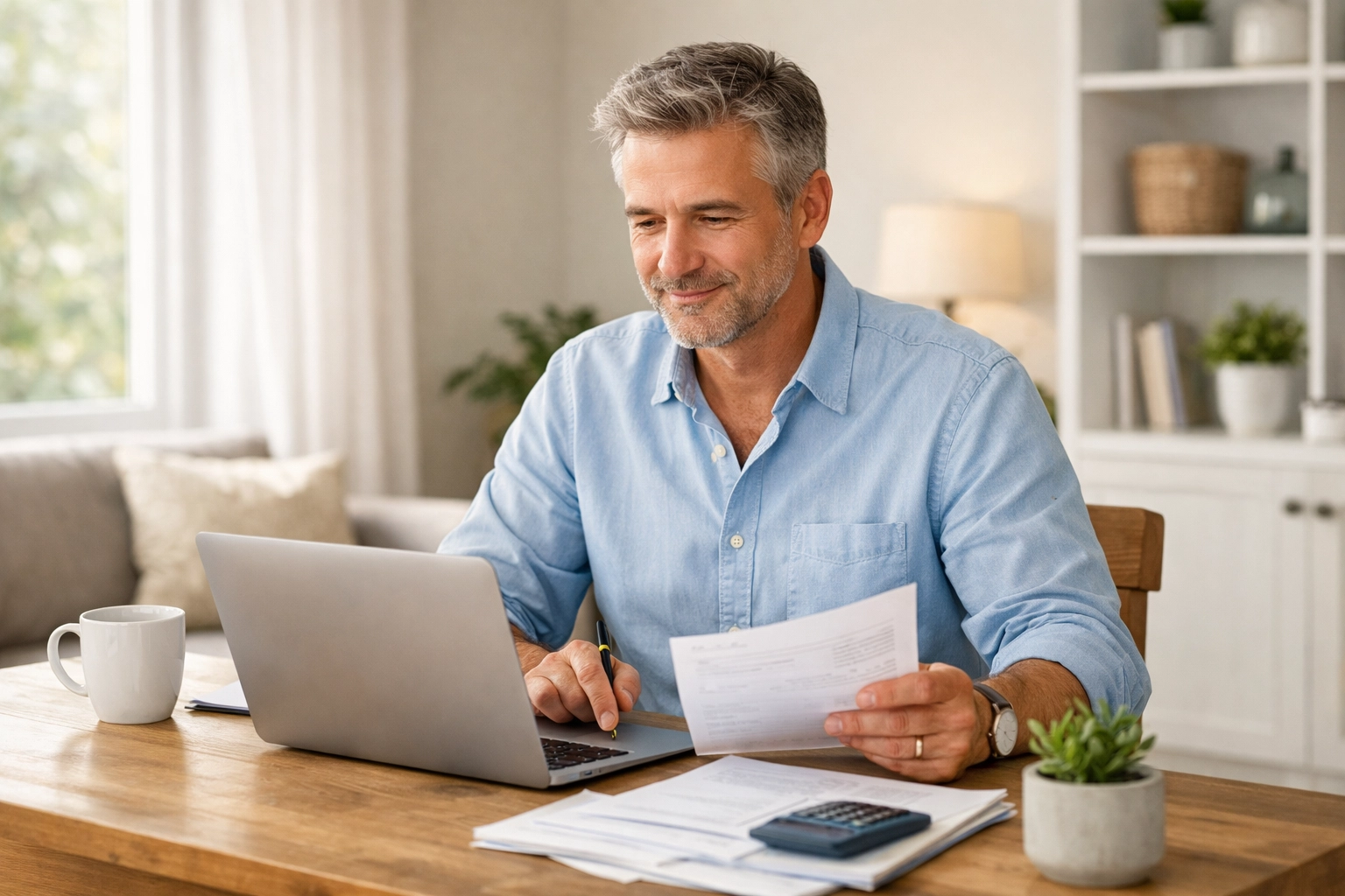 Relaxed landlord reviewing guaranteed rent payments on laptop with peace of mind