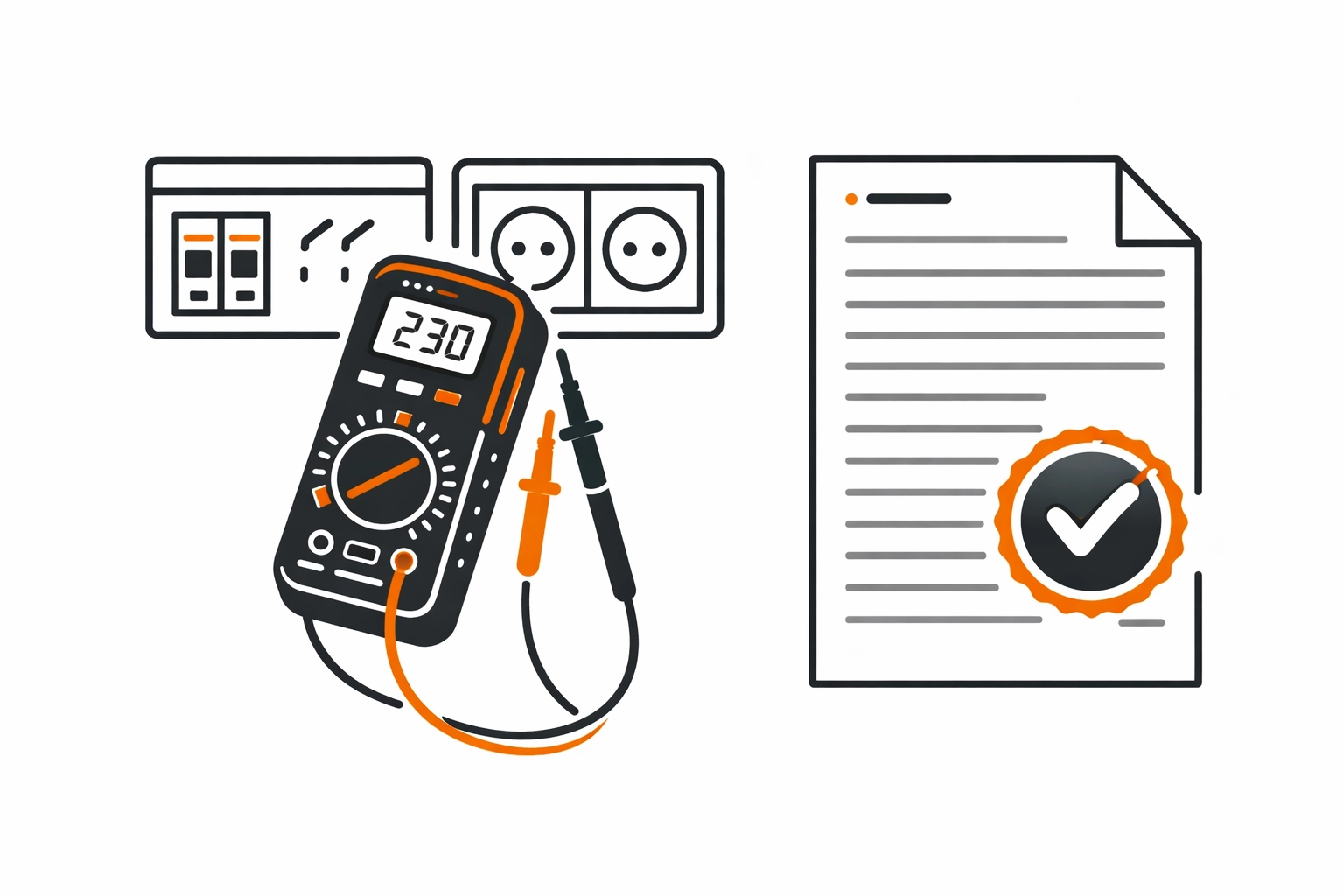 Illustration: Prüfprotokoll + Messgerät + RCD-Symbol (Elektro-Zentrum CI, clean vector)