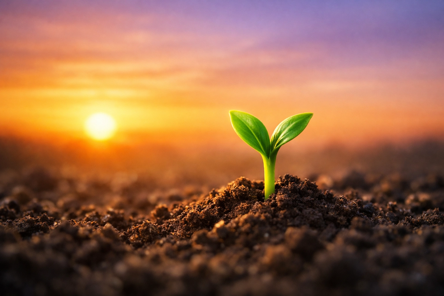 A small green sprout breaking through soil at sunrise, symbolizing the victory of religious freedom.