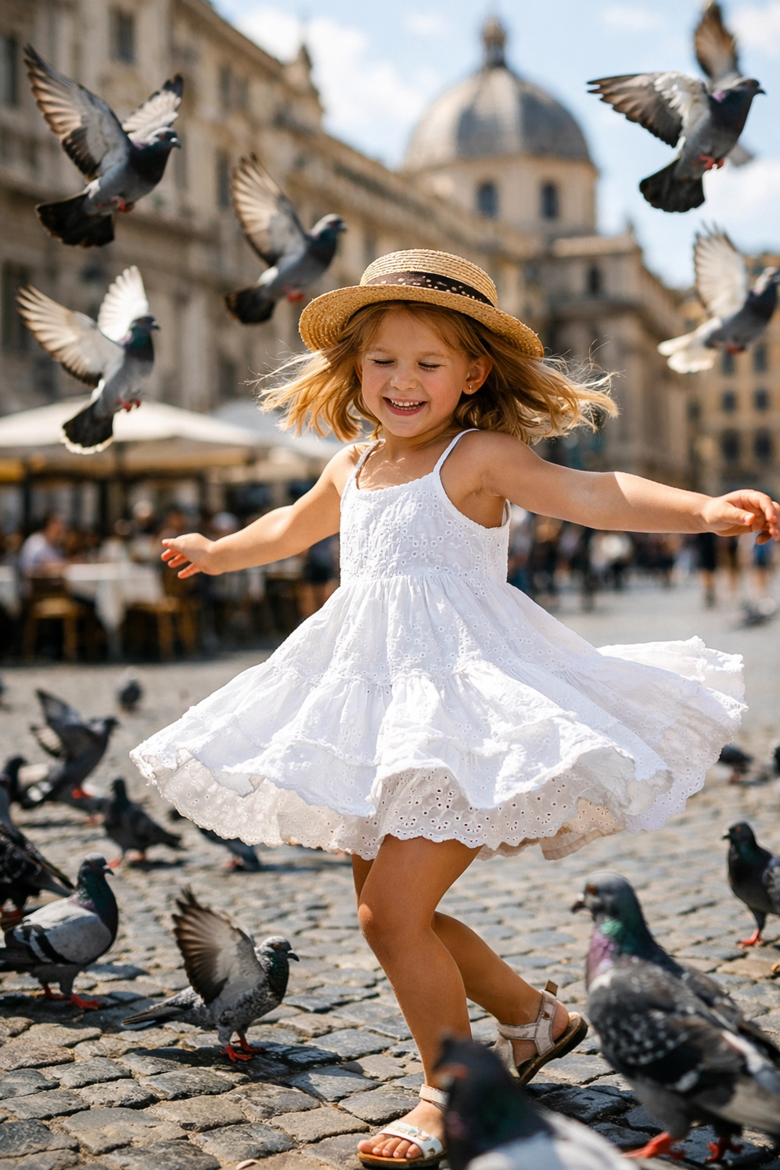 A young girl playing in a sunlit European city square, perfect for spontaneous family travel photos.