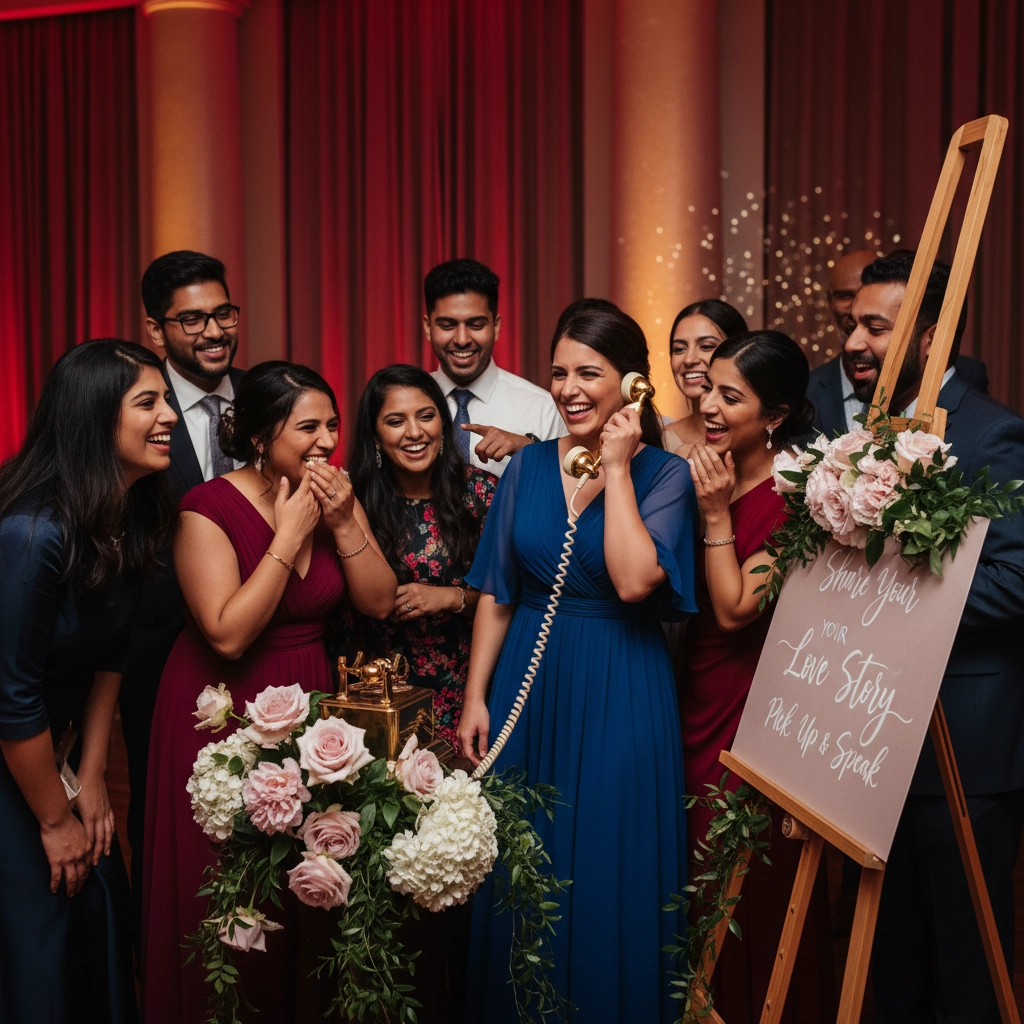 A group of people in elegant attire, one woman holding a vintage phone, smile and laugh. A sign reads "Share Your Love Story."