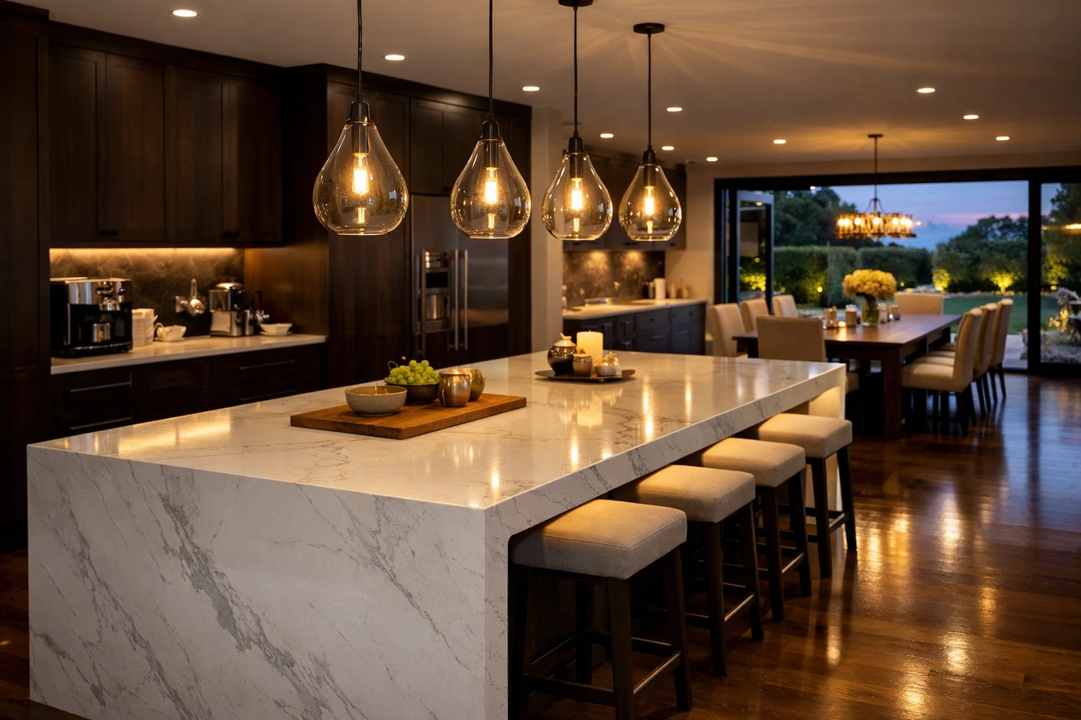 Completed high-end kitchen installation in West Sussex featuring a quartz island and ambient lighting.