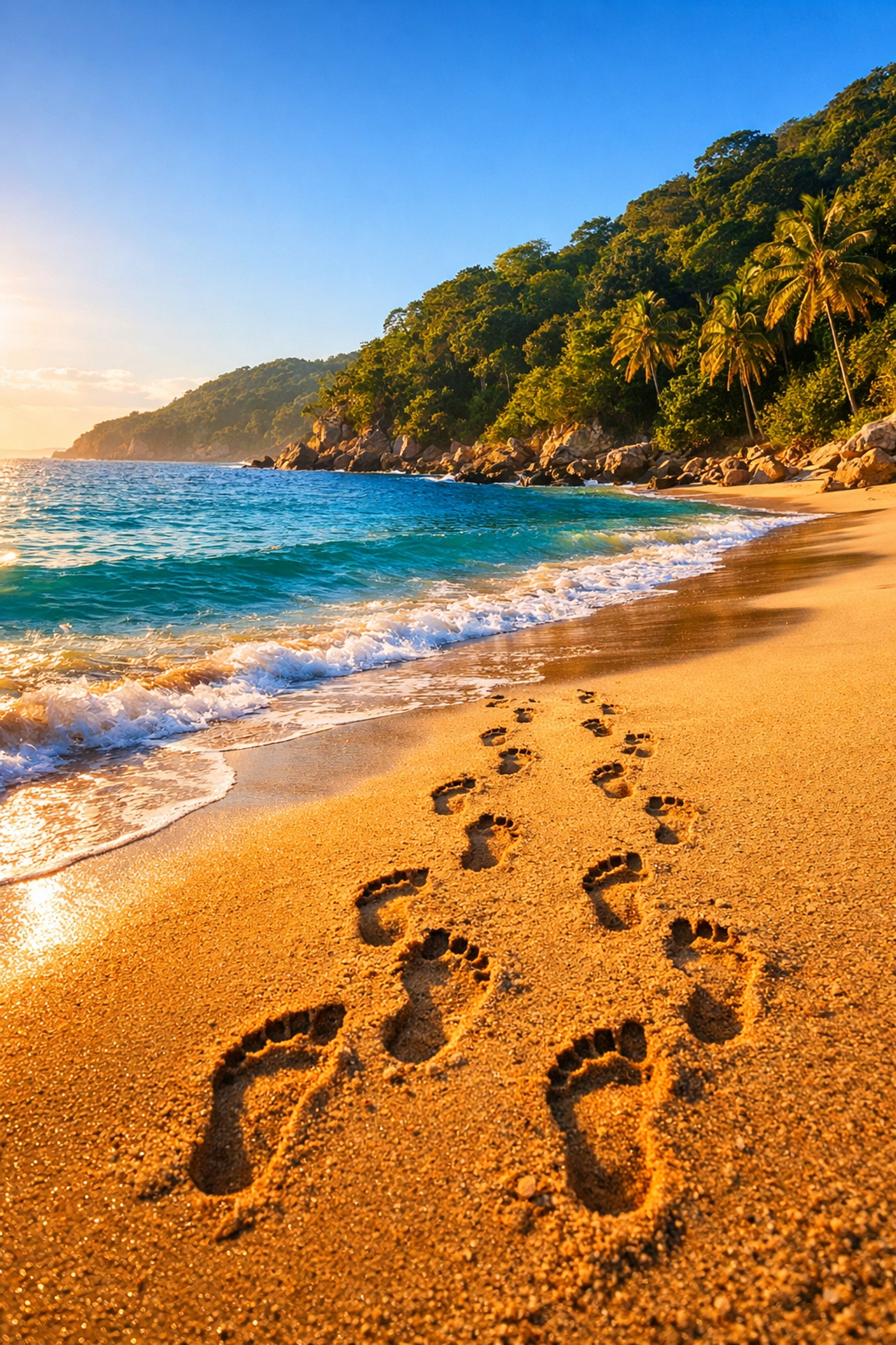 Morning footprints on secluded Puerto Vallarta beach with jungle hills backdrop