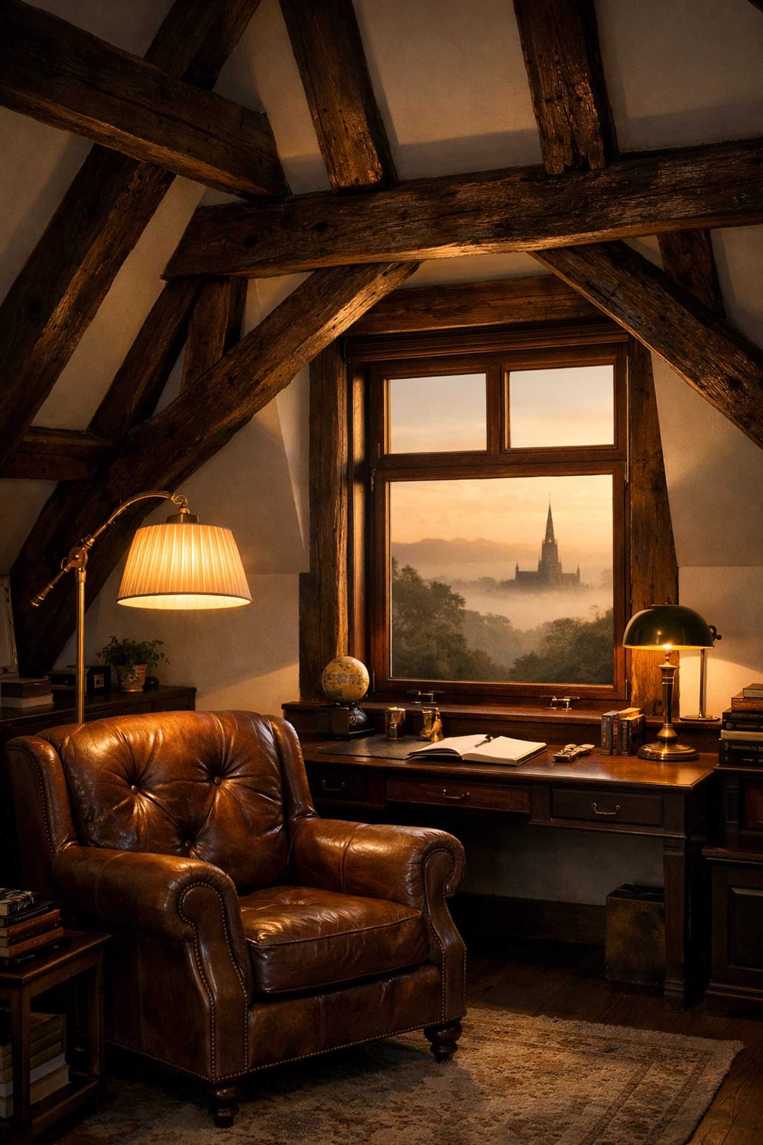 Luxury loft conversion in a West Sussex heritage home featuring original oak beams and scenic views.