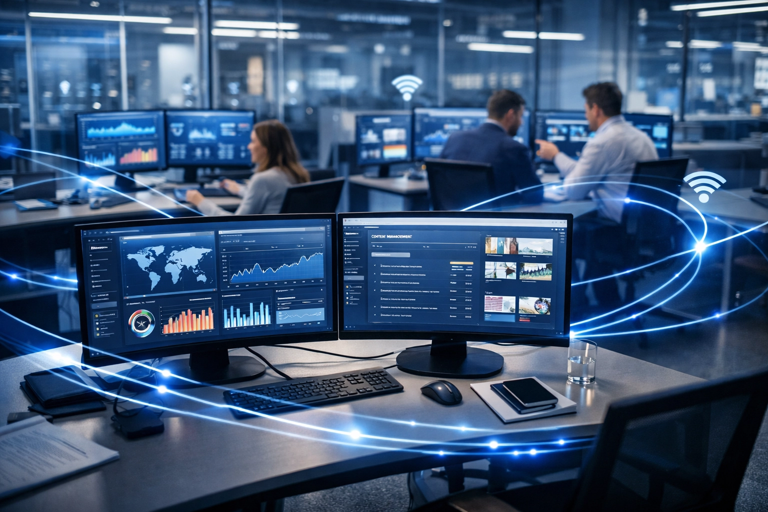 Integrated technology workstations showing centralized analytics dashboards across Dakdan's portfolio companies