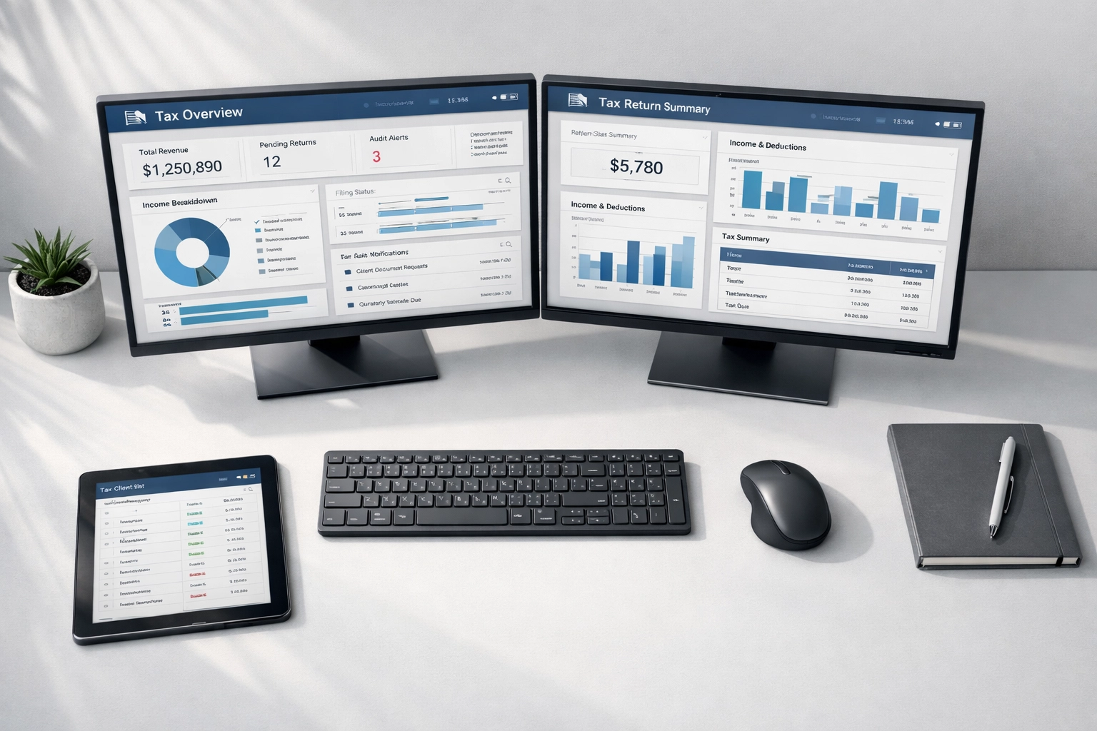 ERO workstation with dual monitors displaying tax software for service bureau operations