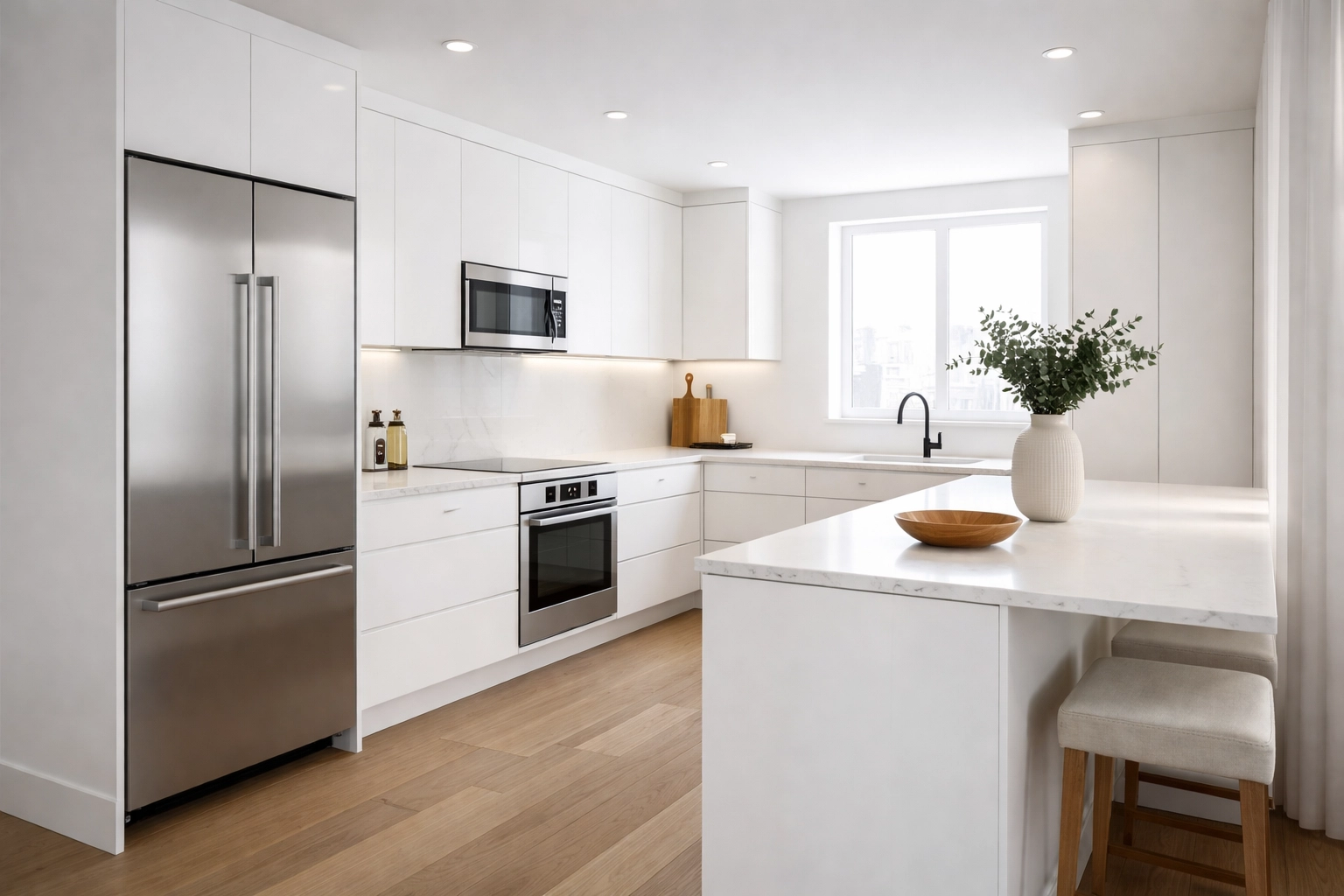 Modern fitted kitchen interior design with sleek white cabinets, integrated appliances, and minimalist decor for optimal storage.