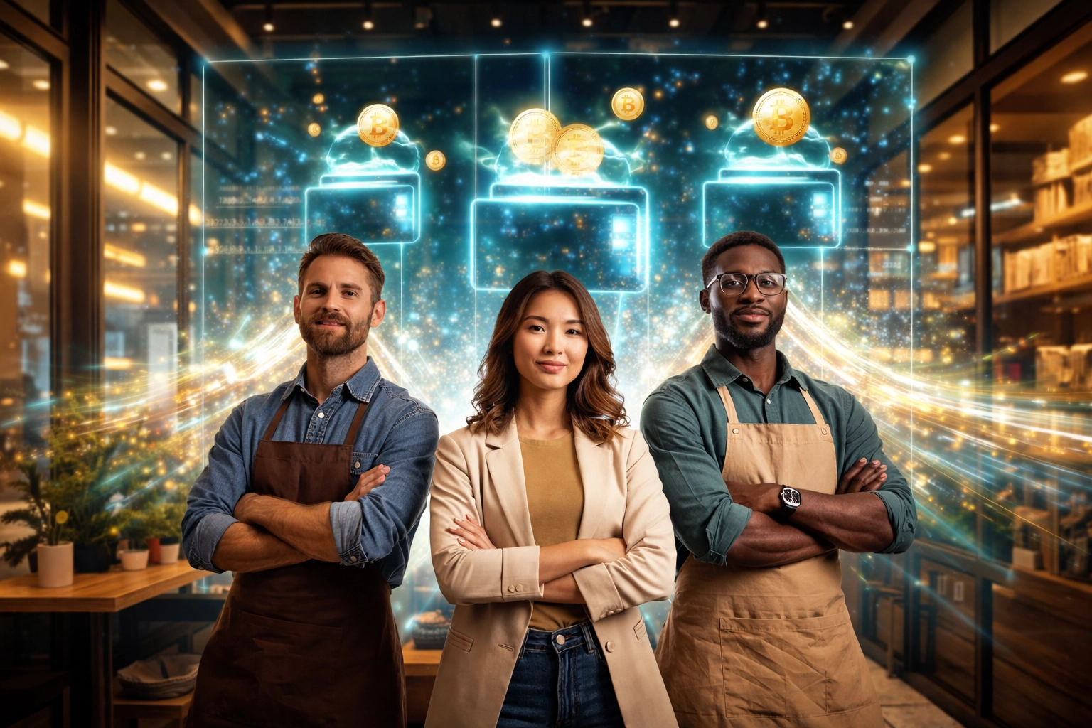 Diverse merchants standing before a digital display of crypto transactions, illustrating trust and innovation in self-custody payment solutions.