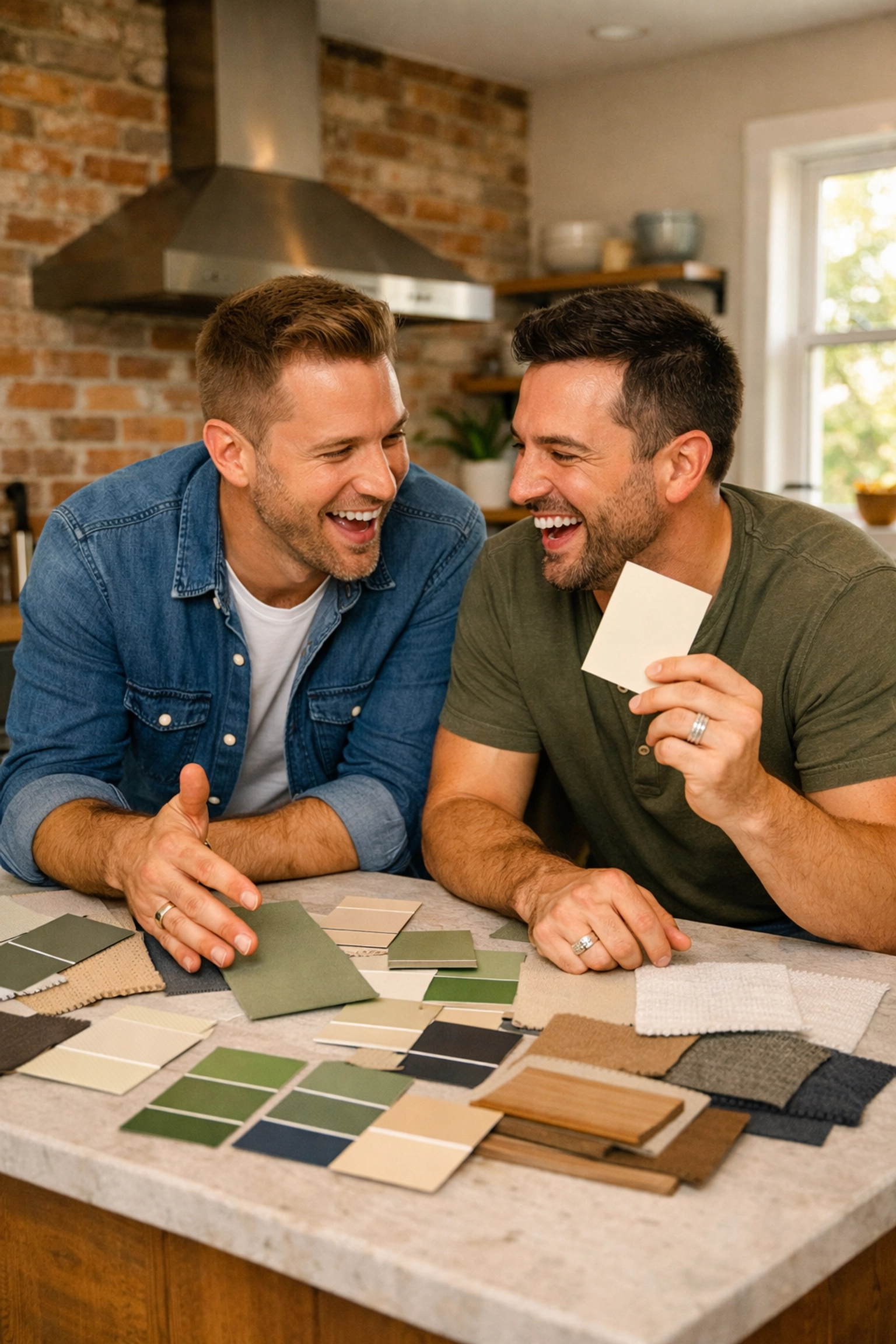 Gay couple choosing paint colors together during home renovation