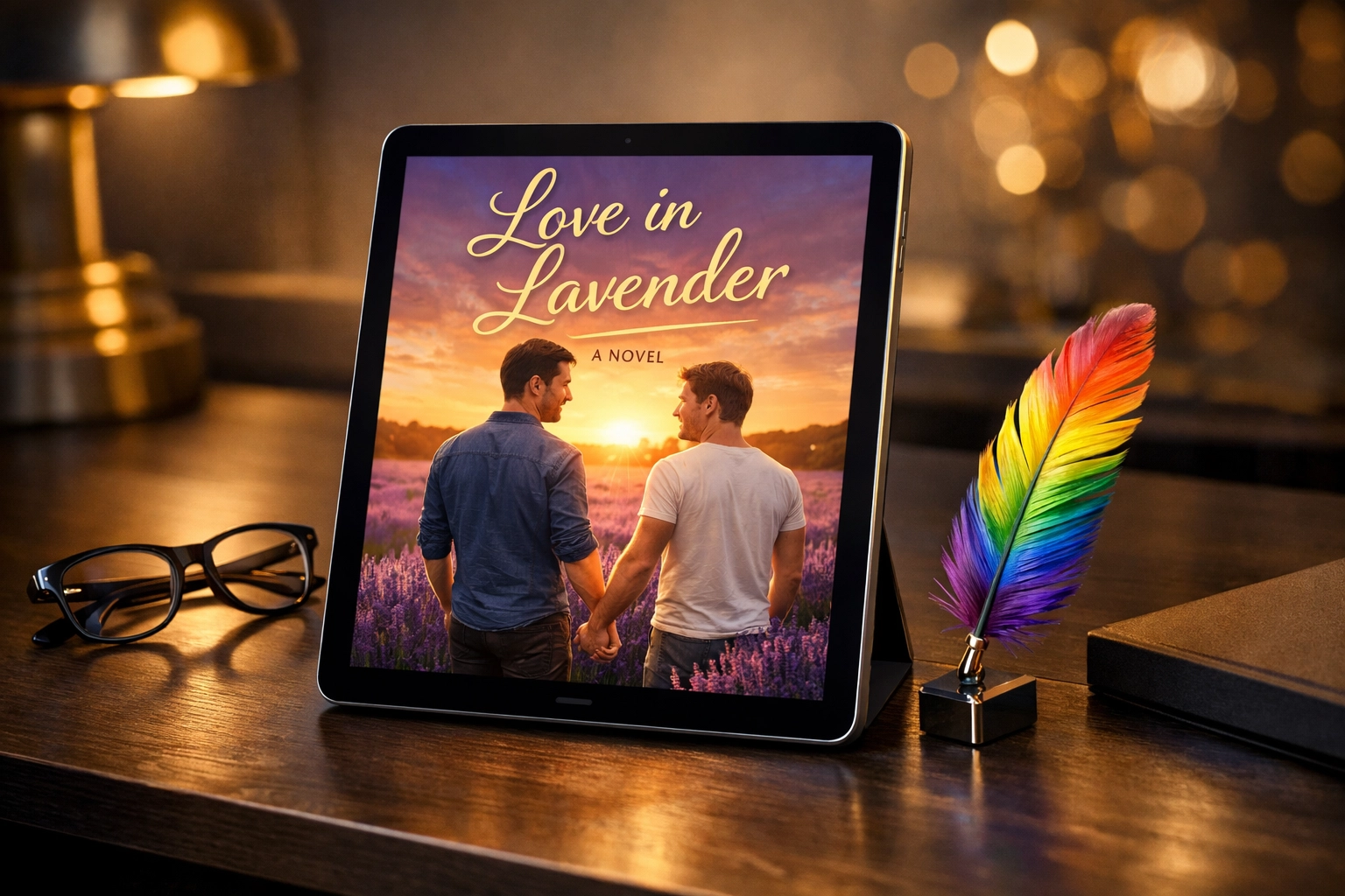 A modern workspace showing a professional MM romance book cover on a digital tablet.