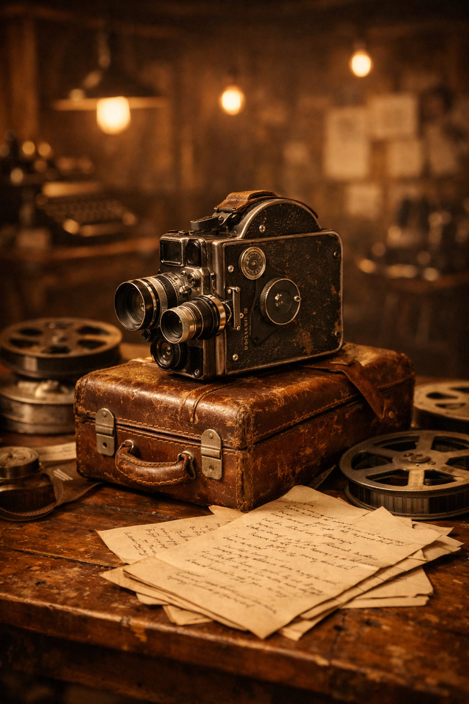 Independent filmmaker workspace with portable camera and film reels