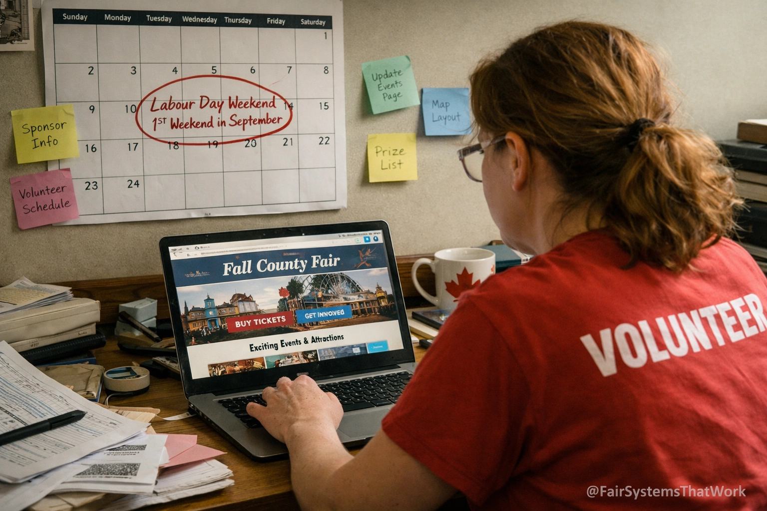 A volunteer updates a fair website on a laptop with sticky notes and a calendar marked for Labour Day weekend.