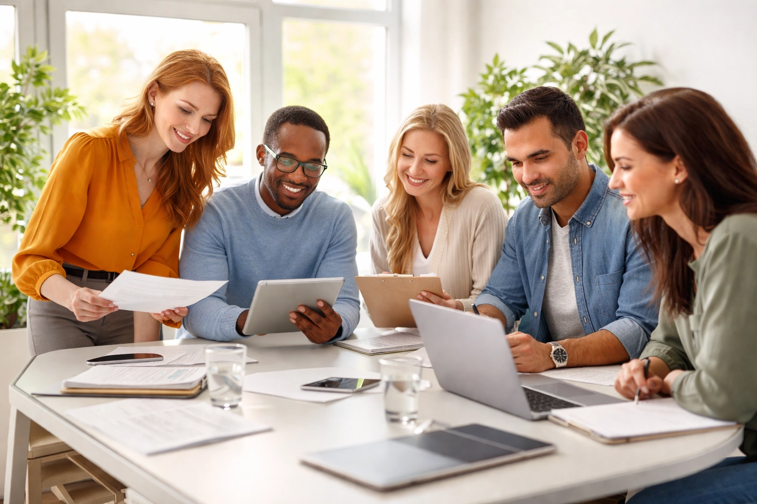 Diverse school professionals collaborate at a conference table, planning effective AI integration for compliance.