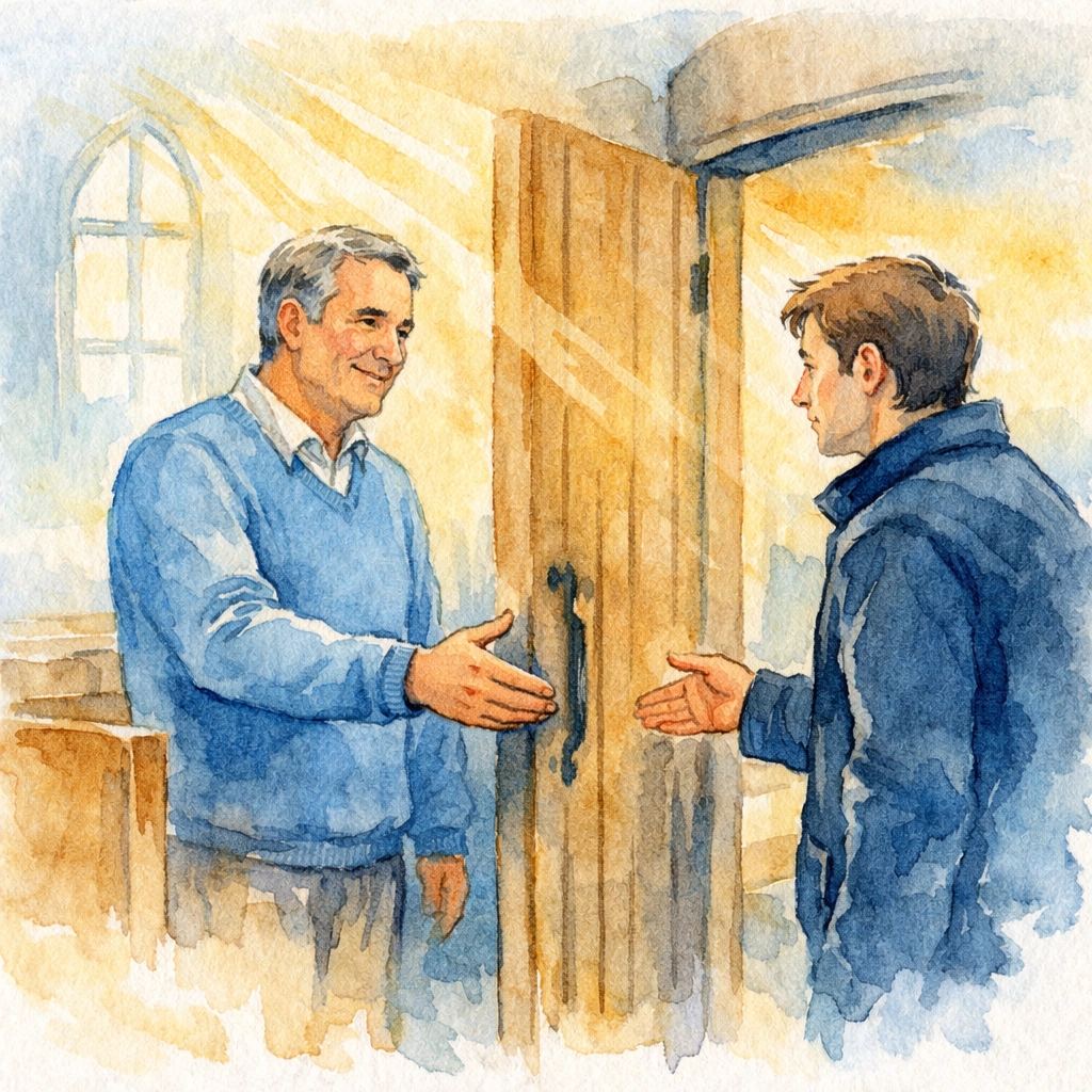 Church greeter warmly welcoming a hesitant visitor at the church entrance on Sunday morning