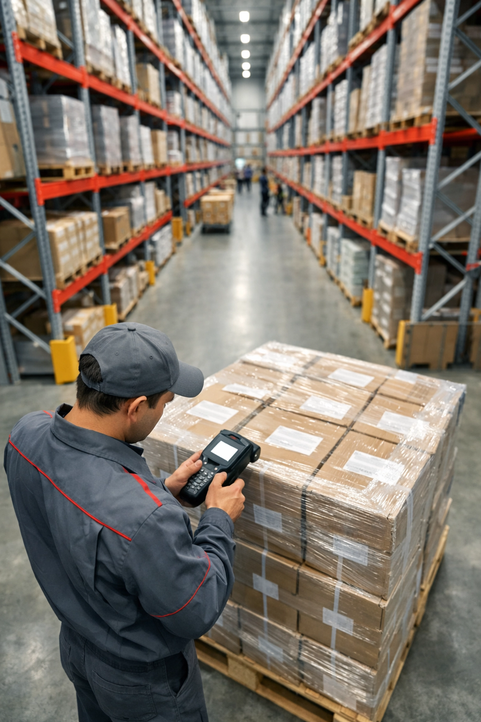 Warehouse and fulfilment worker scanning a pallet in a modern storage facility.