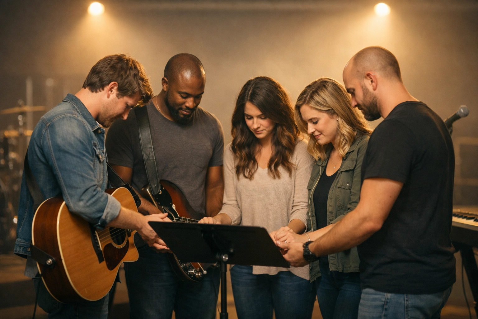 Worship team members praying together in a circle before leading christian worship music.