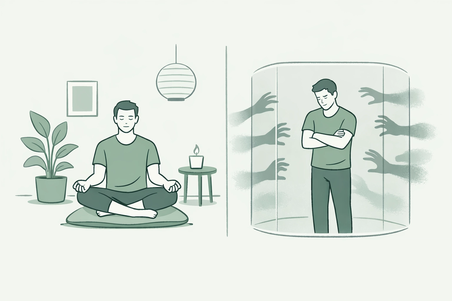 Man meditating alone versus isolated behind barrier showing healthy self-love vs loneliness