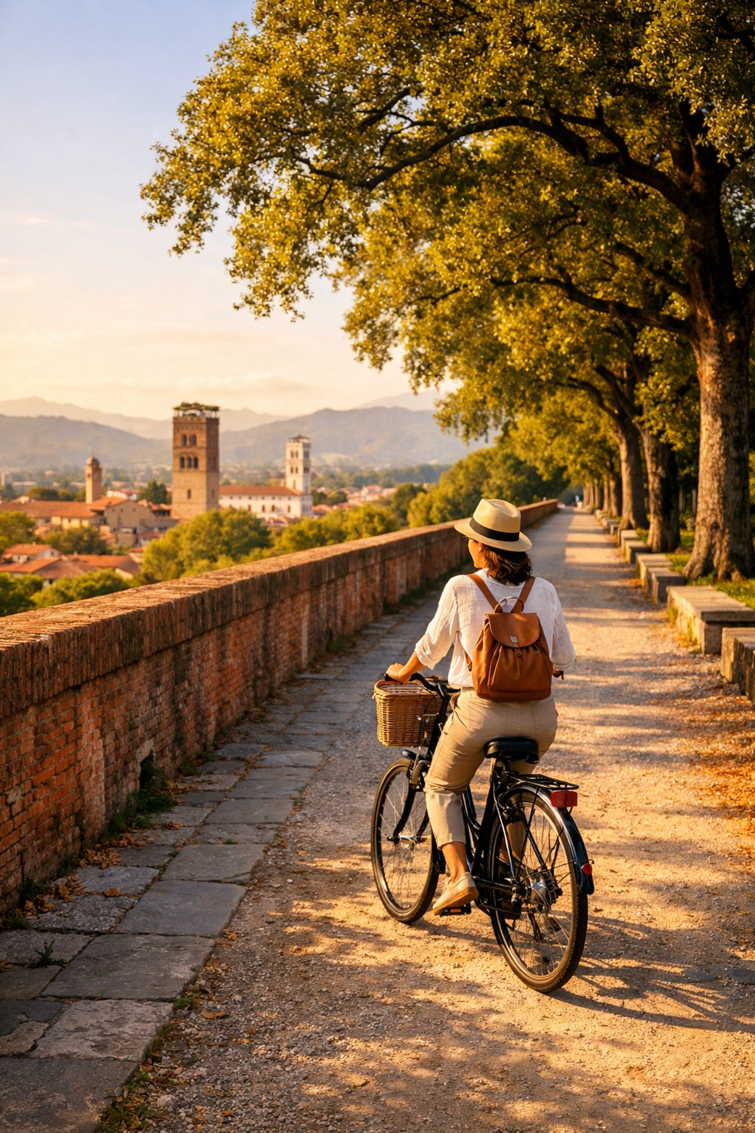 A traveler cycles along the historic Renaissance walls of Lucca, Italy, a luxury alternative to Pisa.