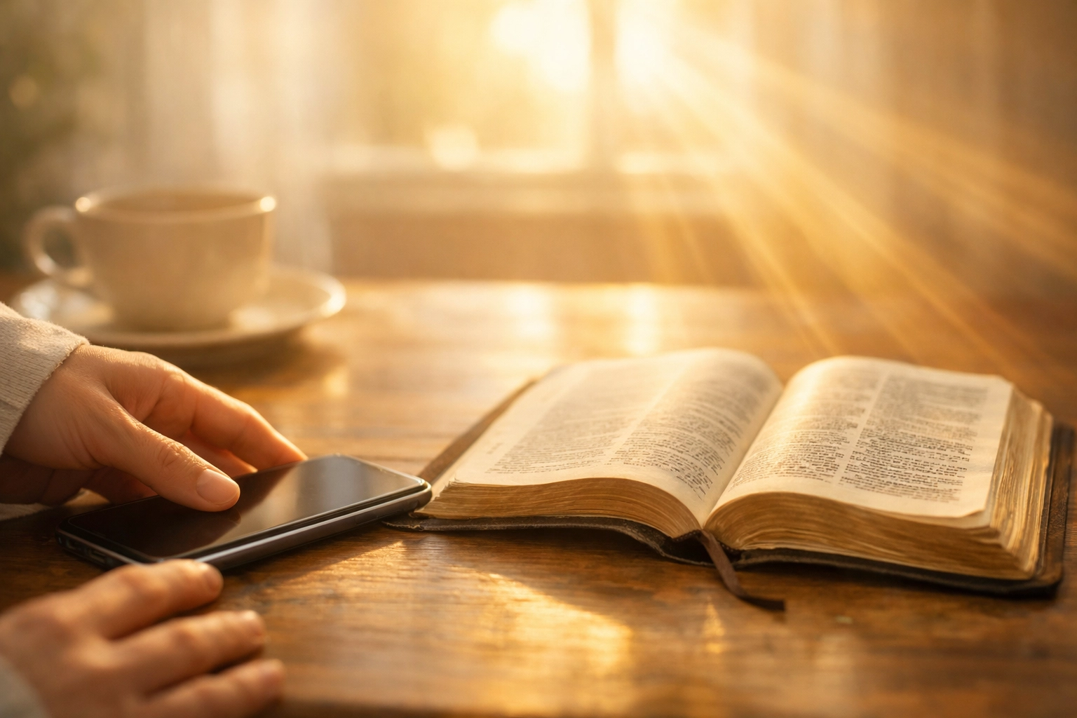 Hands placing smartphone down beside open Bible in morning light for peaceful devotional time