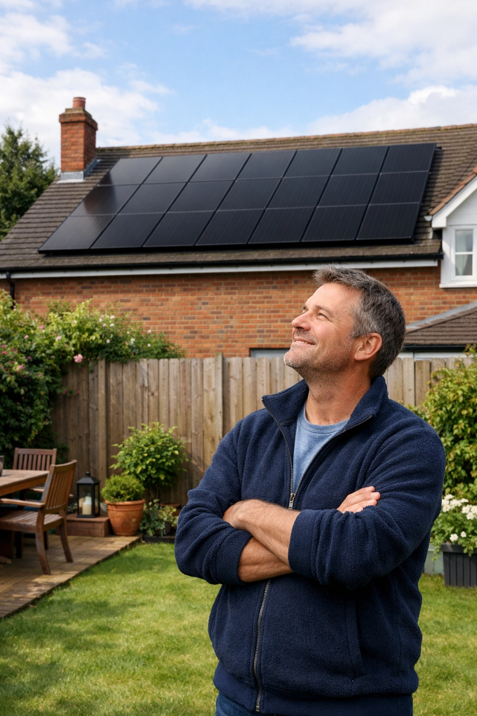 A UK homeowner viewing their certified solar PV installation, representing peace of mind and consumer safety.