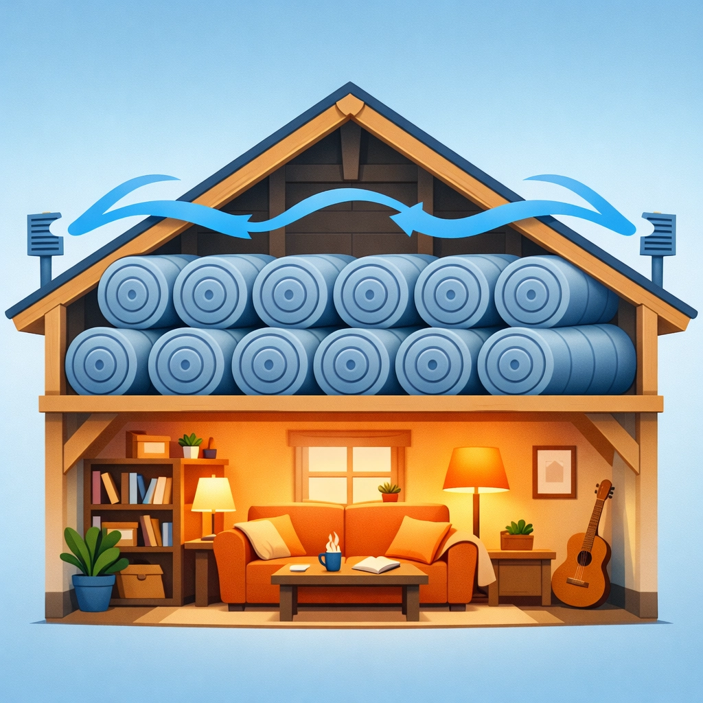 Properly installed loft insulation with cross-ventilation for a warm and energy-efficient home.