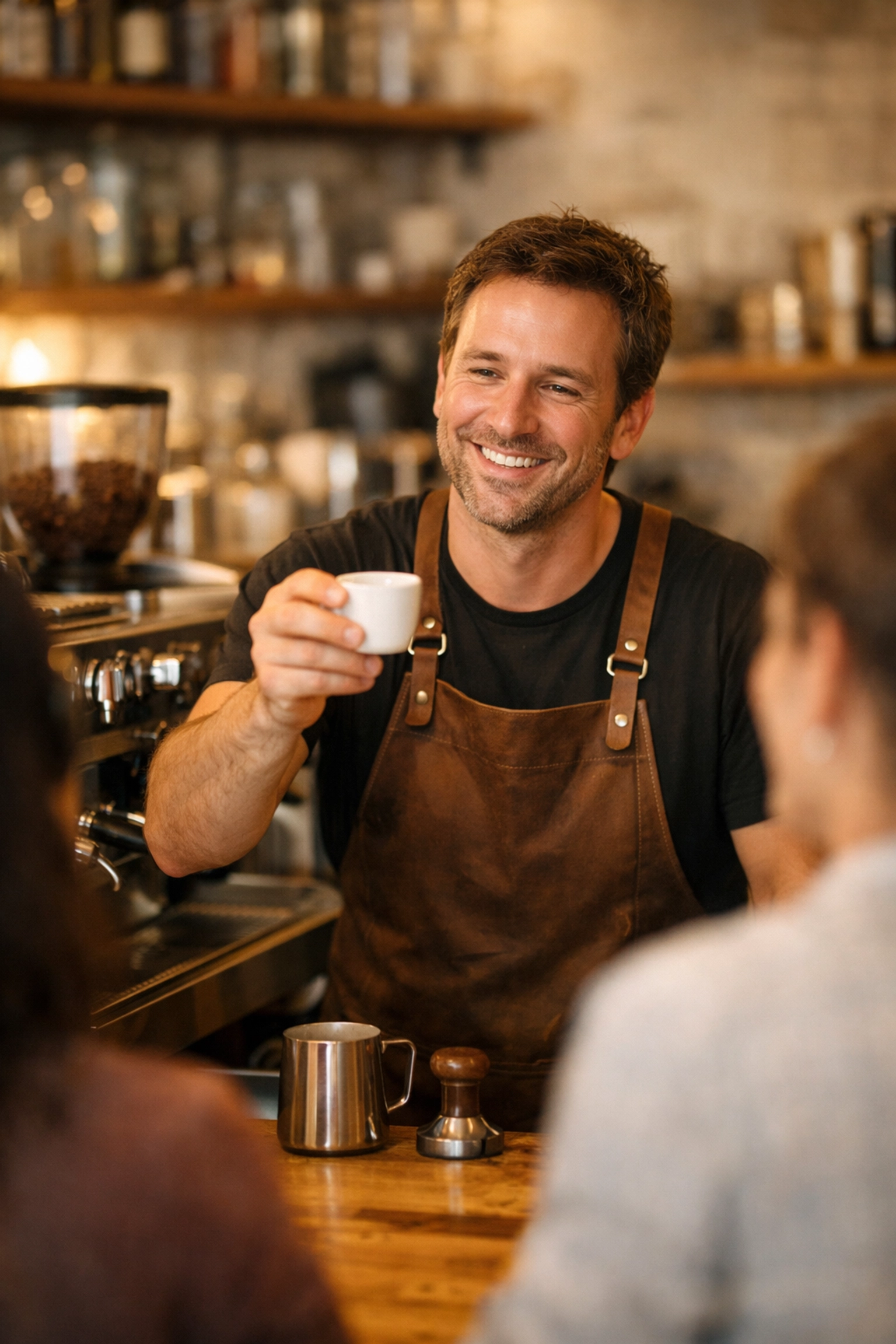 Barista serving customer at espresso machine in specialty coffee shop