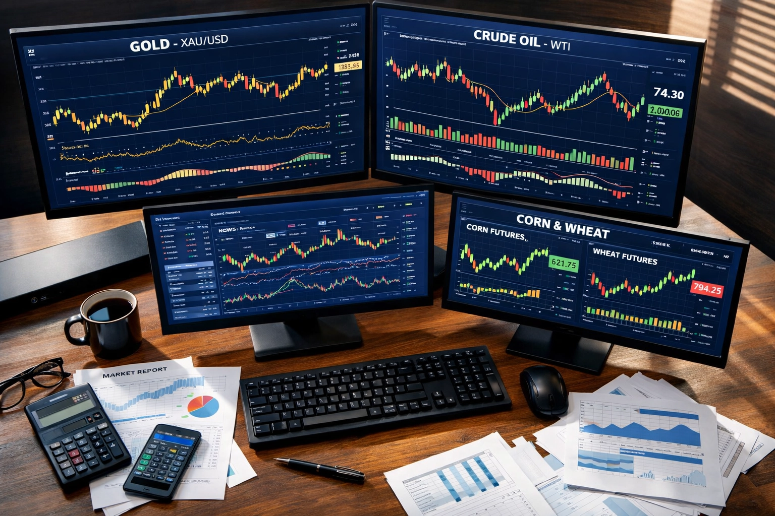 Trading desk displaying commodity price charts for portfolio diversification analysis