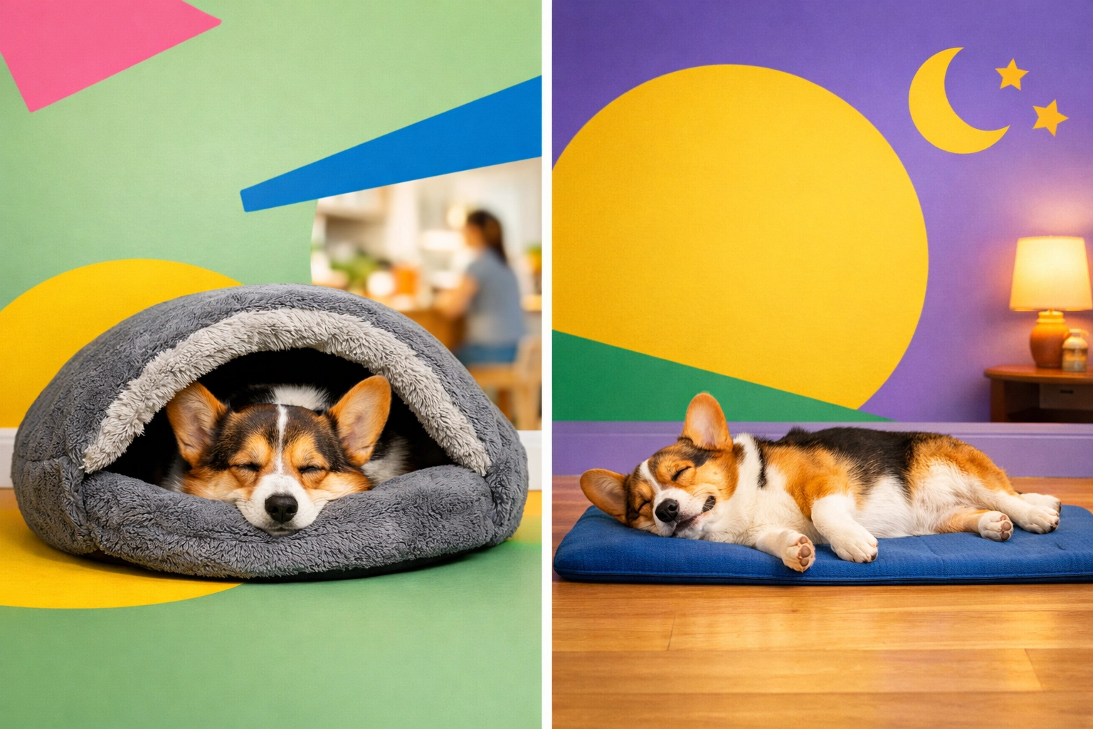 Dog in different sleeping locations illustrating emotional regulation through bed choices