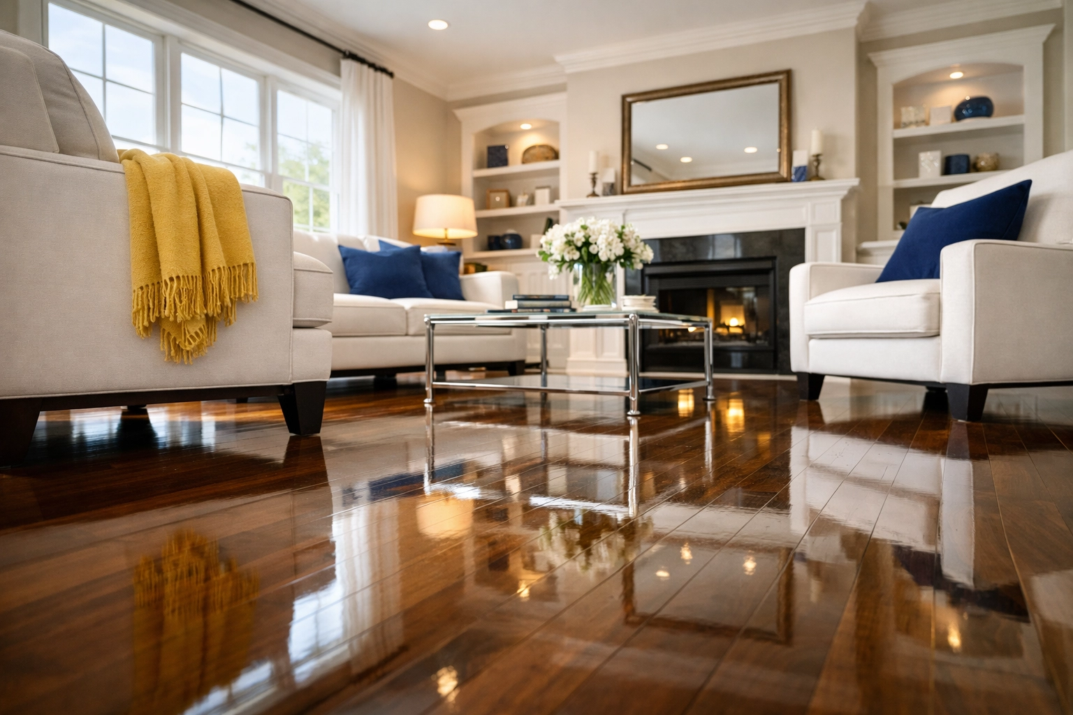 Sun-drenched living room with polished floors and clean furniture provided by professional cleaners in Leominster MA.