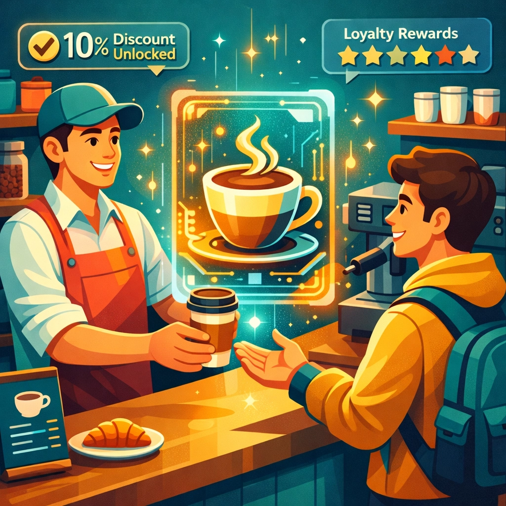 Coffee shop NFT receipt transaction demonstrating Web3 loyalty rewards and customer engagement