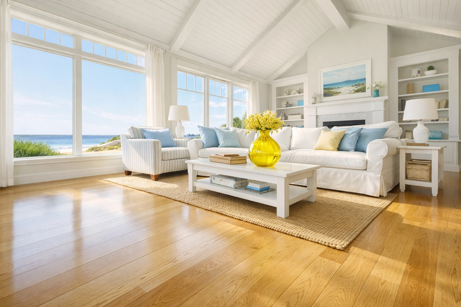 Sparkling clean hardwood floors in a sun-drenched West Yarmouth living room after weekly house cleaning.