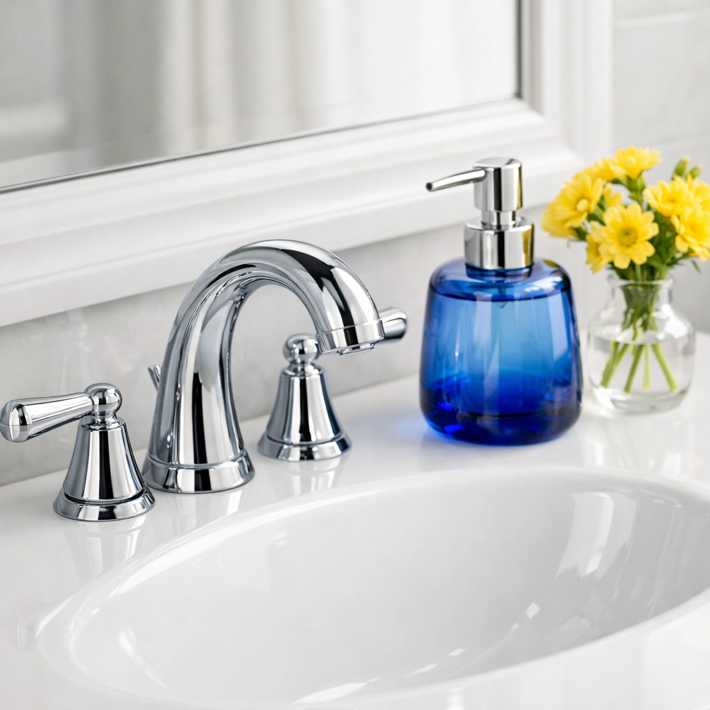 Sparkling clean luxury bathroom vanity featuring a chrome faucet and white porcelain sink.