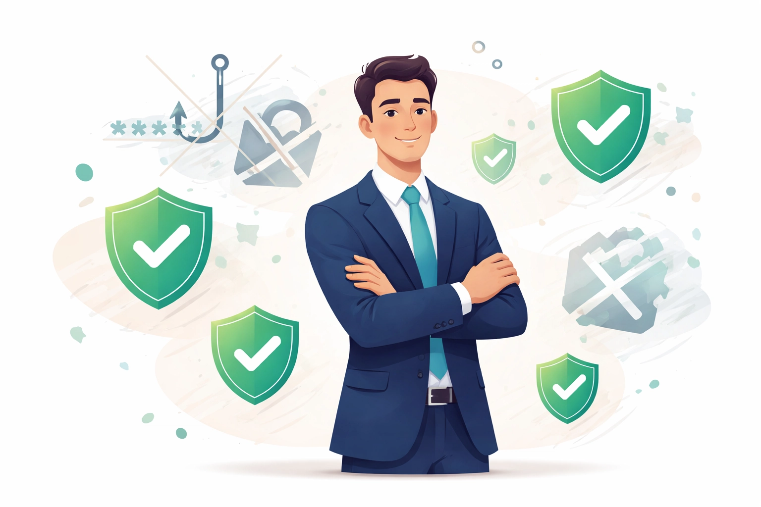 Confident businessperson surrounded by shields and checkmarks, representing secure, easy-to-use proactive IT support.