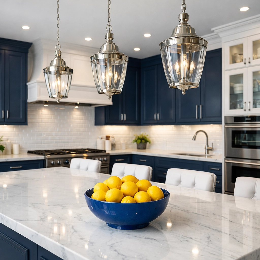 Professional deep cleaning services showing a sparkling white marble kitchen island in a Framingham home.
