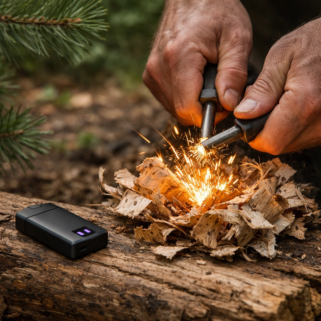 Ferro rod sparks on birch bark with plasma lighter backup for bushcraft fire in the UK